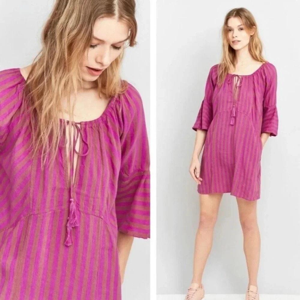 Free People Folk Town Linen Stripe Mini Dress Magenta Boho Peasant Size‎ Small